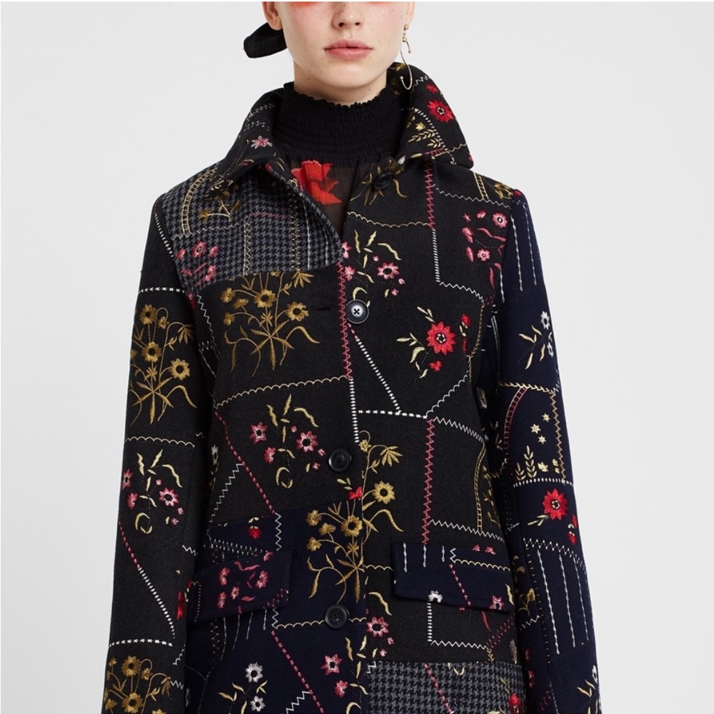 DESIGUAL Abrig Penny Black Floral Patchwork Wool Coat - Picture 5 of 12